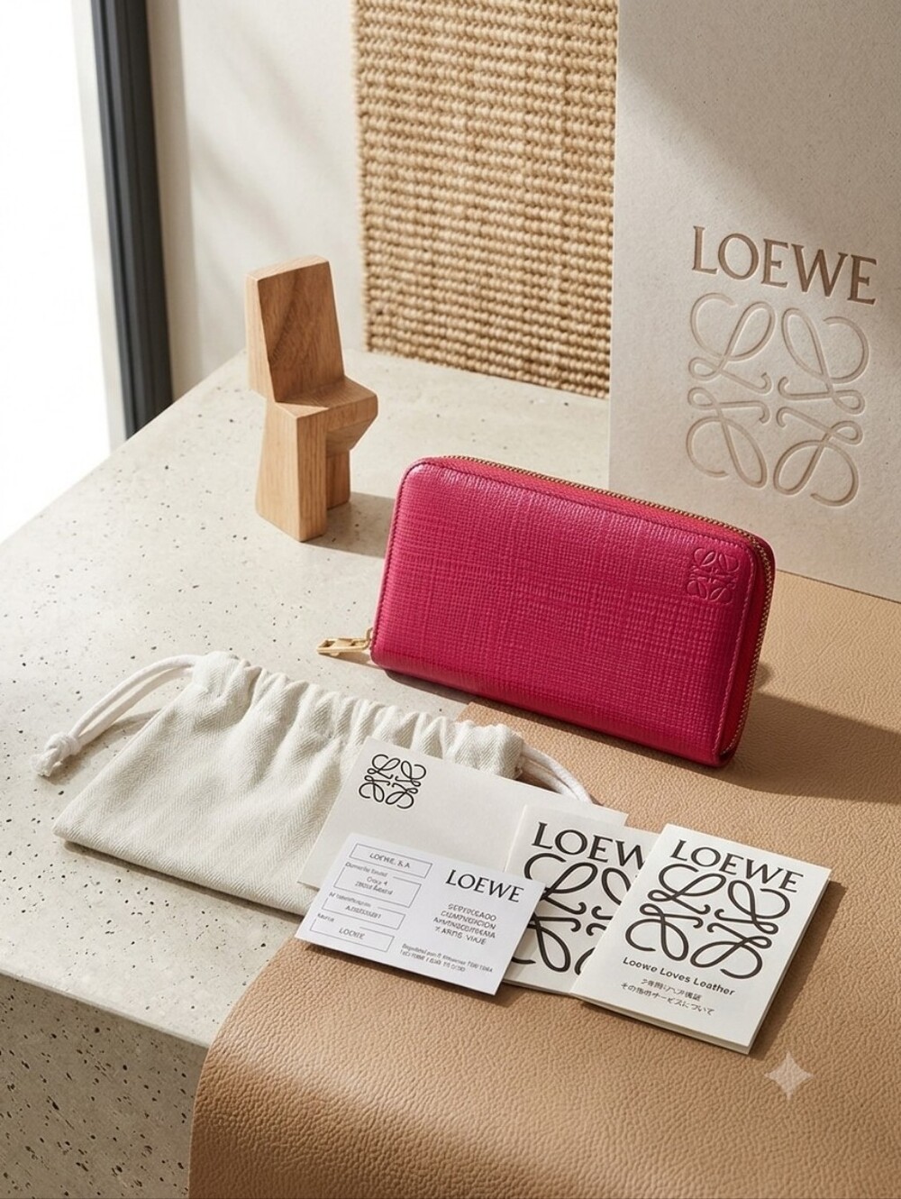 LOEWE Anagram Zip Around Wallet Pink Textured Calfskin Leather Authentic w/Dustb